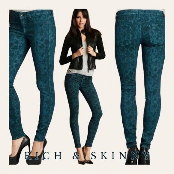 0831. RICH AND SKINNY SIZE 28 SNAKE SKIN PRINTED‎ JEANS TEAL IN COLOR - Picture 1 of 10